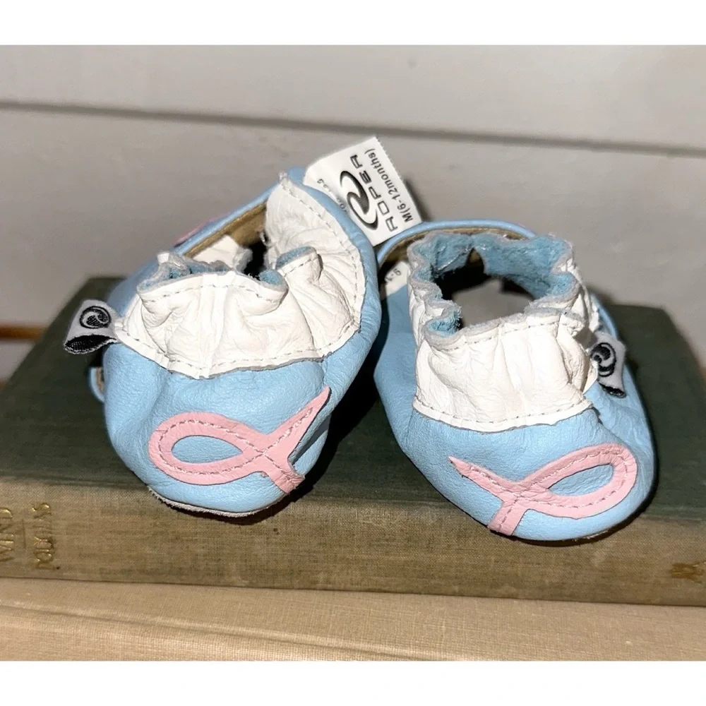 Roper Leather Baby Infant Crib Shoes Blue With Pink Pigs Size 6-12 Months